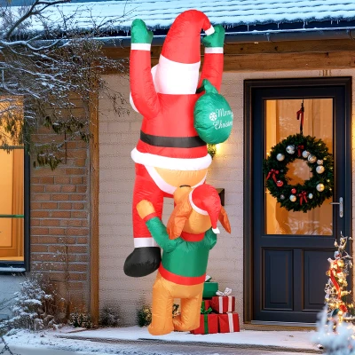 Outsunny Aufblasbare Weihnachtsdeko, Aufblasbarer Weihnachtsmann mit Hund mit LED-Lichtern, 68x82x214 cm, Rot