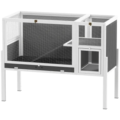 PawHut Cage pour lapins et hamsters d’intérieur surélevée avec plateau extractible et toit ouvrant, Gris