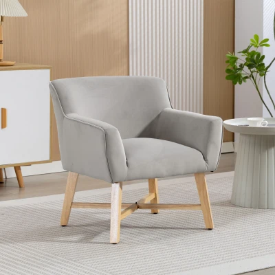 HOMCOM Butaca de Salón Tapizada en Terciopelo con Reposabrazos Acolchados y Patas de Madera Cruzadas 67x65x74 cm Gris Claro