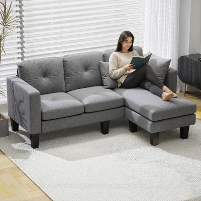 HOMCOM Sofá Chaise Longue Reversible con Estructura de Acero Tapizado en Chenilla 186x130x84cm Gris Oscuro