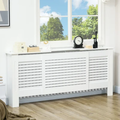 HOMCOM MDF Extendable Radiator Cover Cabinet Shelving Home Office Slatted Design White 139-208.5L x 20.5W x 82.5H cm