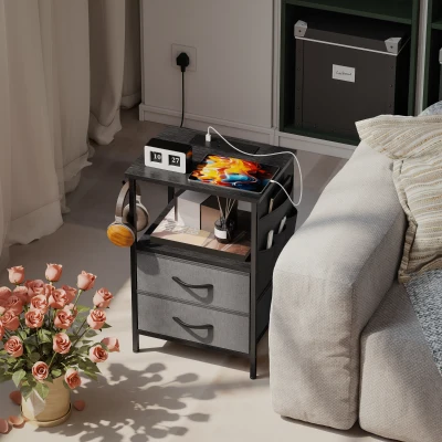 HOMCOM Bedside Table with Charging Station - Black