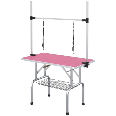 PawHut Table Toilettage Pliante Rose avec Barre Réglable et Panier