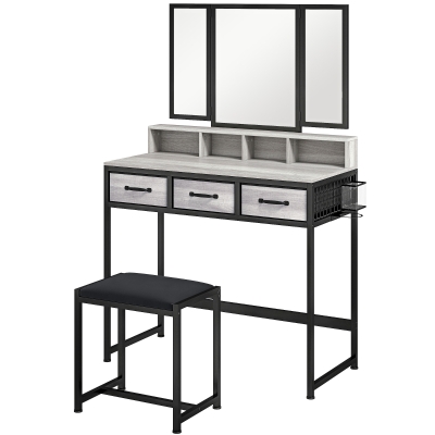 HOMCOM Toucador de Maquilhagem com Espelho Tríptico Removível, Banco Prateleiras e Suporte para Secador 90x40x141 cm Cinzento
