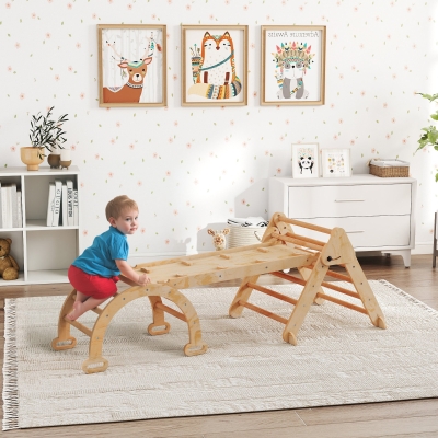 AIYAPLAY 7 en 1 Triángulo de Escalada Montessori de Madera Plegable con Arco y Rampa para Niños 18-48 Meses 188x70 cm Natural