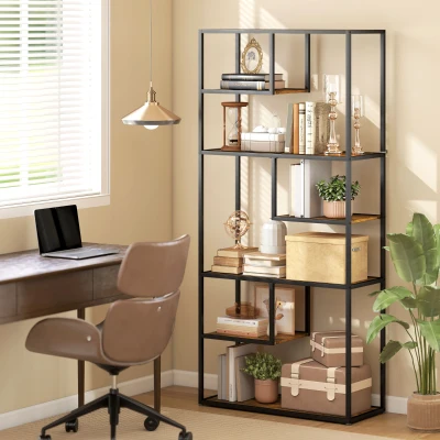 HOMCOM 7-Tier Metal Bookcase Rustic Brown for Living Room