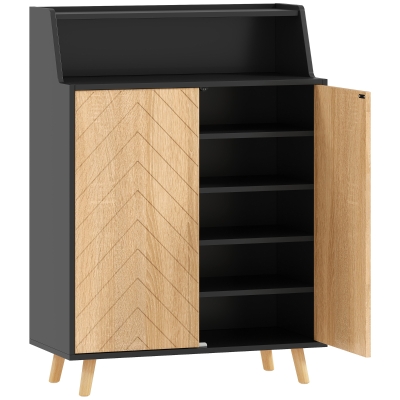 HOMCOM Zapatero Entrada Recibidor con 2 Puertas Estantes Ajustables y Compartimento Abierto 75x35x104 cm Negro y Natural