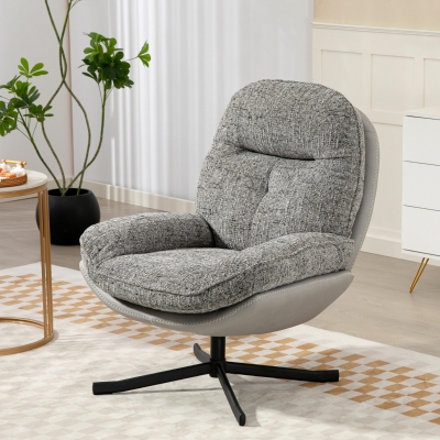 HOMCOM Butaca de Salón Giratoria Moderna Tapizada en Chenilla y Cuero PU con Asiento Ancho Base de Cruz Sillón Relax Gris