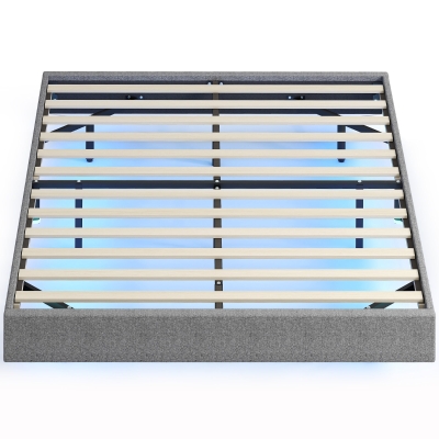 HOMCOM Bettgestell 140x190 cm mit LED-Leuchten Bezogener Leinenstoff Holzlatten Einfach zu Montieren Grau
