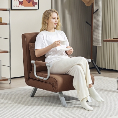 HOMCOM Sillón Cama Individual 2 en 1 Sofá Cama Plegable con Respaldo Ajustable y Cojín para Sala Dormitorio 65x69x80 cm Marrón