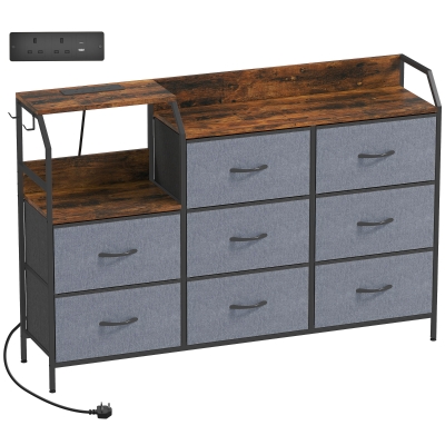 HOMCOM Chest of Eight Drawers, with Charging Station - Brown/Black