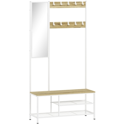 HOMCOM Perchero Zapatero con Espejo 3 Estantes Banco 10 Ganchos Ajustables Estilo Moderno para Pasillo 98x34x186 cm Natural