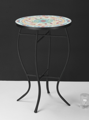 Outsunny Mesa de Jardim Redonda Mesa Auxiliar de Mosaico com Pés de Metal para Pátio Terraço Exterior Varanda Ø35,5x53,5 cm Turquesa