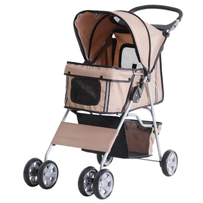 PawHut Hundebuggy Hundewagen bis 10 kg Klappbar Bodenkorb 2 Becherhalter Sonnendach Kaffeebraun