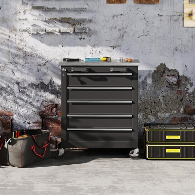 HOMCOM Carrinho de Ferramentas com 5 Gavetas Fecho Rodas com Travão e Bancada em Aço Inoxidável 65,5x34,5x76 cm Preto e Prateado