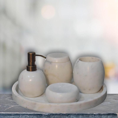 5-Piece Marble Bathroom Accessories Set with Sustainable Durable Design, 10L x 10W x 14H cm, White