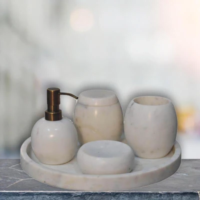 5-Piece Marble Bathroom Accessories Set with Sustainable Durable Design, 10L x 10W x 14H cm, White