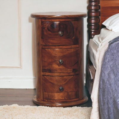 Solid Sheesham Wood Bedside Cabinet with Woven Pattern and 3 Drawers, Brown