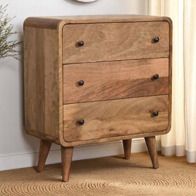 Solid Mango Wood Mini Curved Chest with 3 Drawers, Brown
