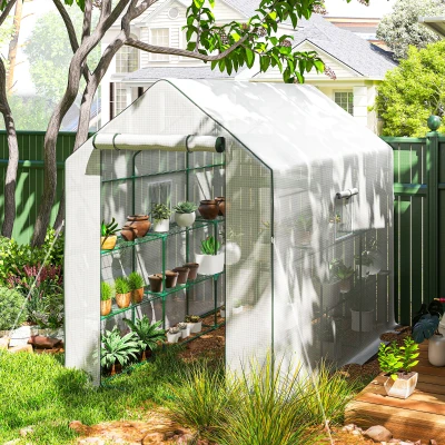 Outsunny Walk-in Greenhouse with 3 Tier Shelves, Outdoor Green House Garden Grow House with Reinforced PE Cover, Roll-up Door and Mesh Windows, 140 x 213 x 190cm, White