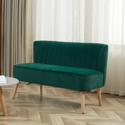 HOMCOM Canapea design retro 2 locuri, picioare din lemn, 117 cm x 56,5 cm x 77 cm, Verde închis