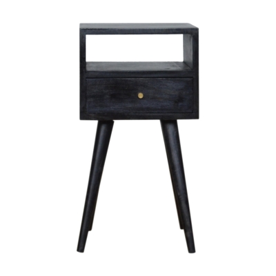 Solid Mango Wood Mini Bedside Table with Drawer and Open Shelf, Black