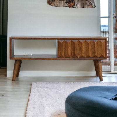 Solid Mango Wood Media Unit with Sliding Door and Open Slot Storage, Brown