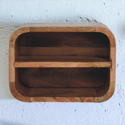 Solid Wood Floating Bedside Table with Open-Curve Wall-Mounted Design, Brown