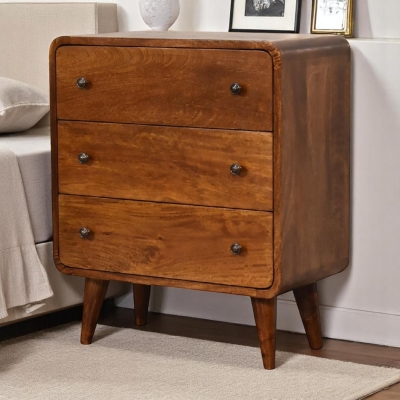 Solid Mango Wood Mini Curved Chest with 3 Drawers and Deep-Penetrating Stain Finish, Brown