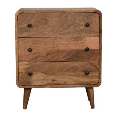 Solid Mango Wood Mini Curved Chest with 3 Drawers, Brown
