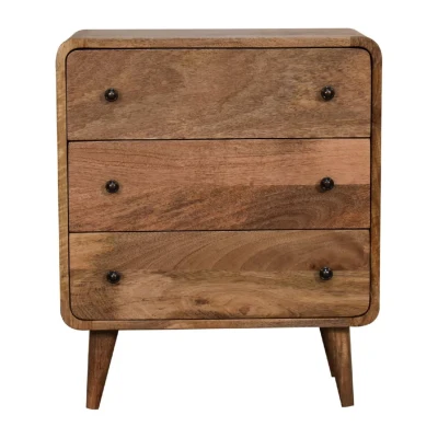 Solid Mango Wood Mini Curved Chest with 3 Drawers, Brown