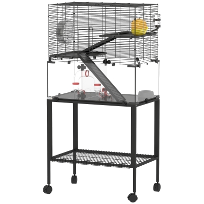 PawHut Hamsterkäfig, Kleintiergehege mit 3 Ebenen, Laufrad, Hütte, Plattformen, Rampen, Futterschale, Wasserflasche, Zubehör, Stahl, Kunststoff, Schwarz