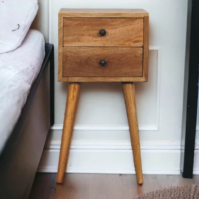 Solid Mango Wood Mini Bedside Table with 2 Smooth-Gliding Drawers, Brown
