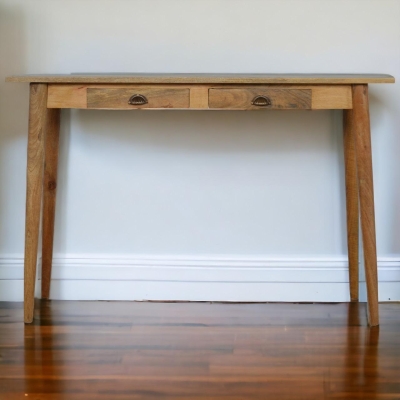 Solid Mango Wood Nordic Writing Desk with 2 Smooth‑Gliding Drawers, Brown