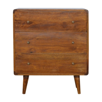 Solid Mango Wood 3-Drawer Curved Chest with Mid-Century Nordic-Style Slim Tapered Legs, Brown