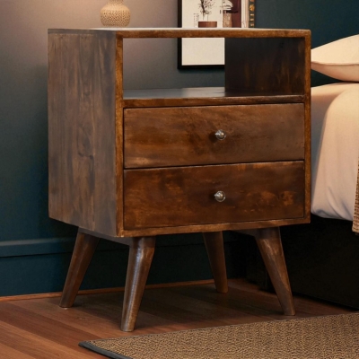 Solid Mango Wood Bedside Cabinet with 2 Smooth‑gliding Drawers, Brown