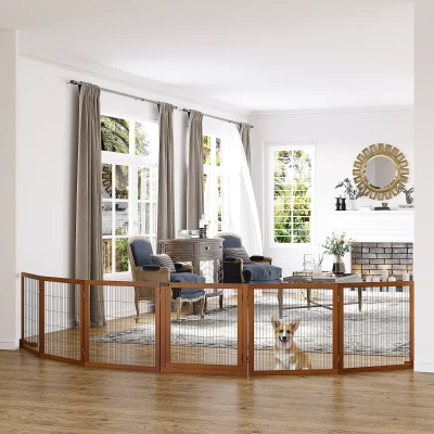 PawHut Barrera para Perros Plegable de Madera de Pino, 432x36x70 cm, Café