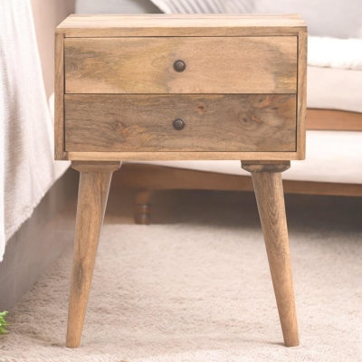 Solid Mango Wood Bedside Table with Nordic Legs and Clear Natural Finish, Brown