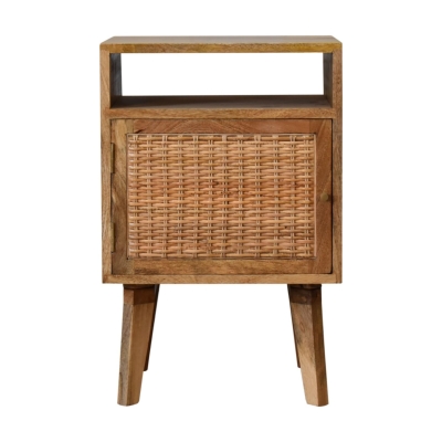 Solid Wood Handcrafted Bedside Table with Knitted Fabric Door and Open Slot, Brown