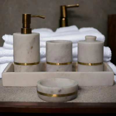 Set of 5 Marble Bathroom Accessory with Brass Inlay and Understated Sheen, White