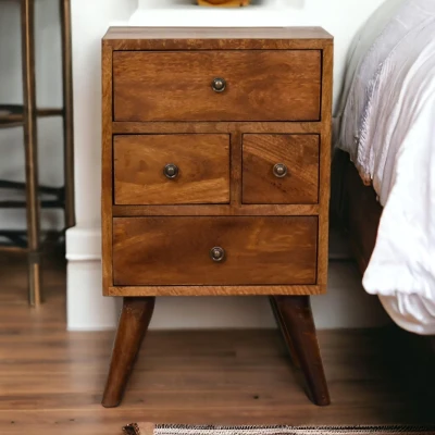 Solid Wood Bedside Chest with 4 Drawers and Reinforced Joints, Brown