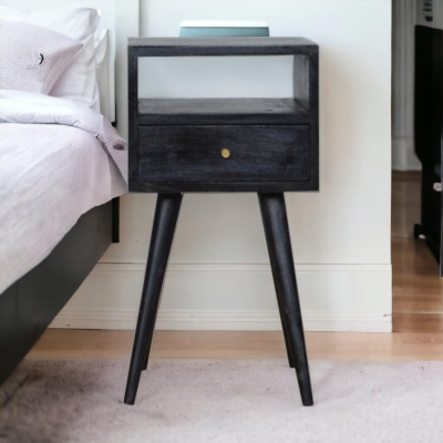 Solid Mango Wood Mini Bedside Table with Drawer and Open Shelf, Black