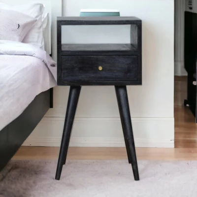 Solid Mango Wood Mini Bedside Table with Drawer and Open Shelf, Black