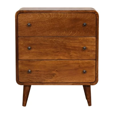 Solid Mango Wood Mini Curved Chest with 3 Drawers and Deep-Penetrating Stain Finish, Brown