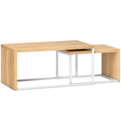HOMCOM Juego de 2 Mesas de Centro Mesa Nido Moderna Marco de Metal para Salón 90x48x42 cm y 59x42x36 cm Natural y Blanco