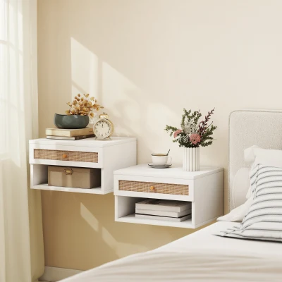 HOMCOM Juego de Mesitas de Noche Flotantes con Cajón de Ratán y Estante Abierto para Dormitorio 40x34x23cm Blanco