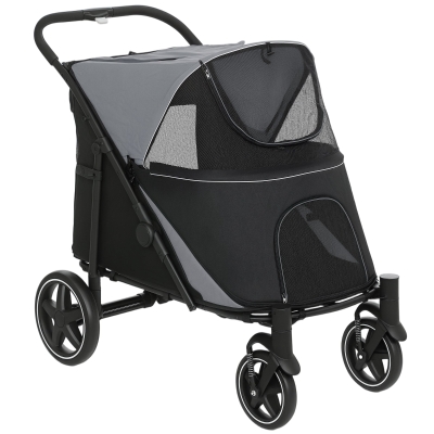 PawHut Carrinho para Cães Dobrável com Janelas de Malha Cinto de Segurança e Bolsos de Armazenamento 112x65x100 cm Cinzento