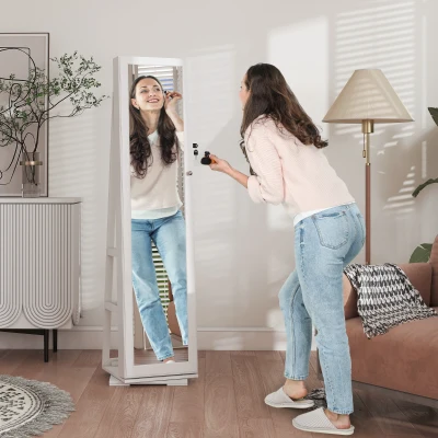 HOMCOM 360° Swivel Jewellery Cabinet, Free Standing Full Length Mirror with Storage, Lockable Jewellery Organiser with Built-in Makeup Mirror and Storage Shelves for Bedroom, White