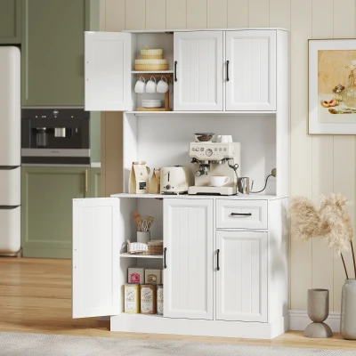 HOMCOM Küchenschrank, 180,5 cm, Vorratsschrank, Arbeitsfläche, Kabelloch, verstellbare Regale, MDF, Weiß