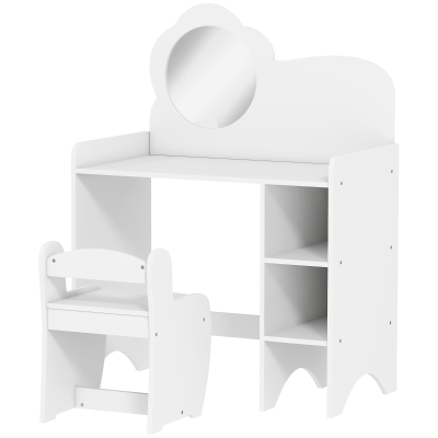 AIYAPLAY Kids Vanity Table with Mirror & Stool, White
